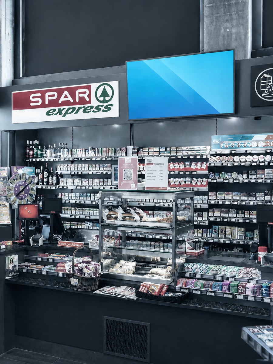 DOOH-Screen bei der Kasse einer Tankstelle