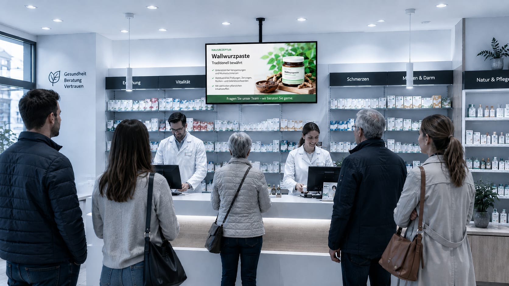 Customers at a pharmacy counter, above them an Excom Media screen showing content