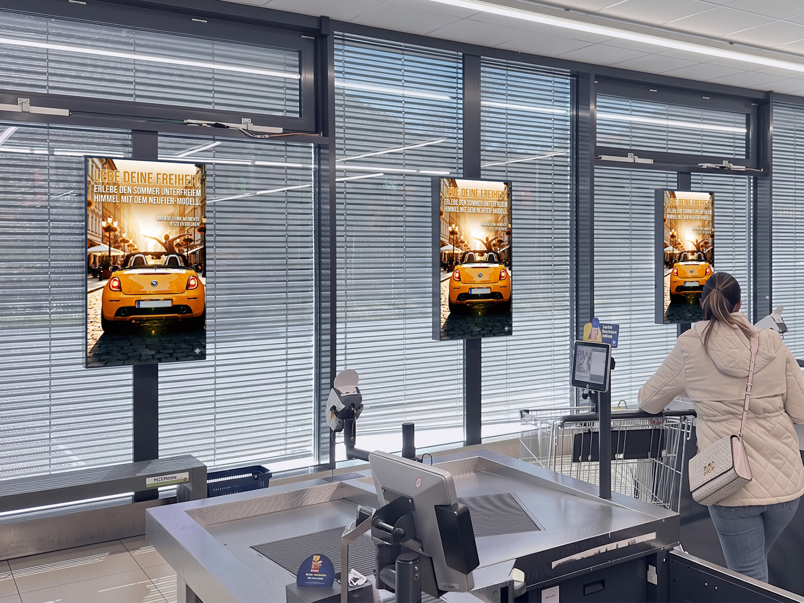 Digitaler Werbescreen am Eingang einer Lidl-Filiale — DOOH-Werbefläche von Excom Media
