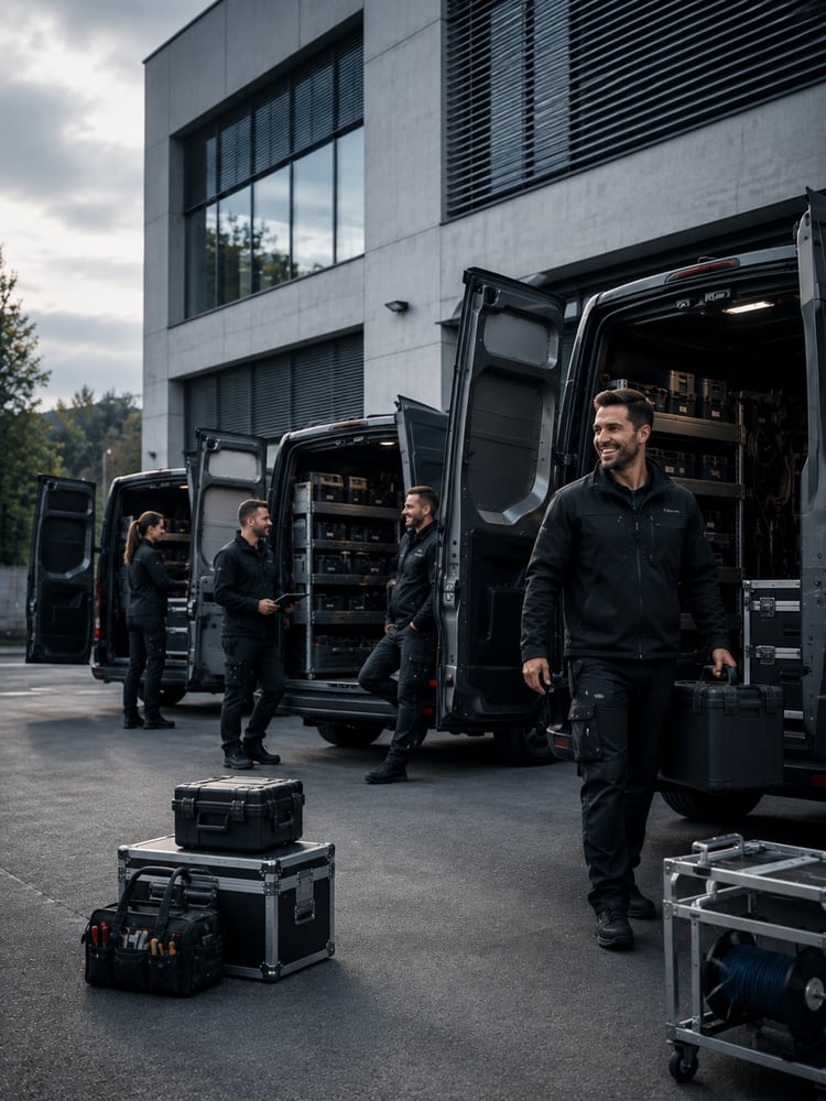 Service team with vehicles and installation material
